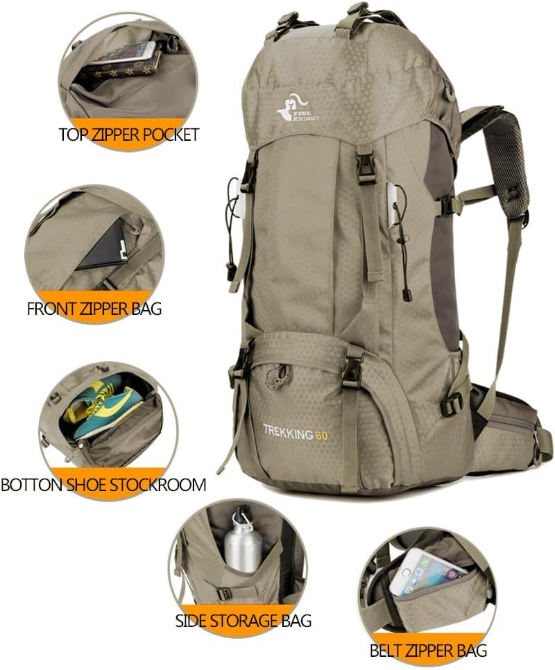 Bseash 60L Waterproof Hiking Camping Backpack with Rain Cover, Large Outdoor Sport Travel Daypack Rucksack for Climbing