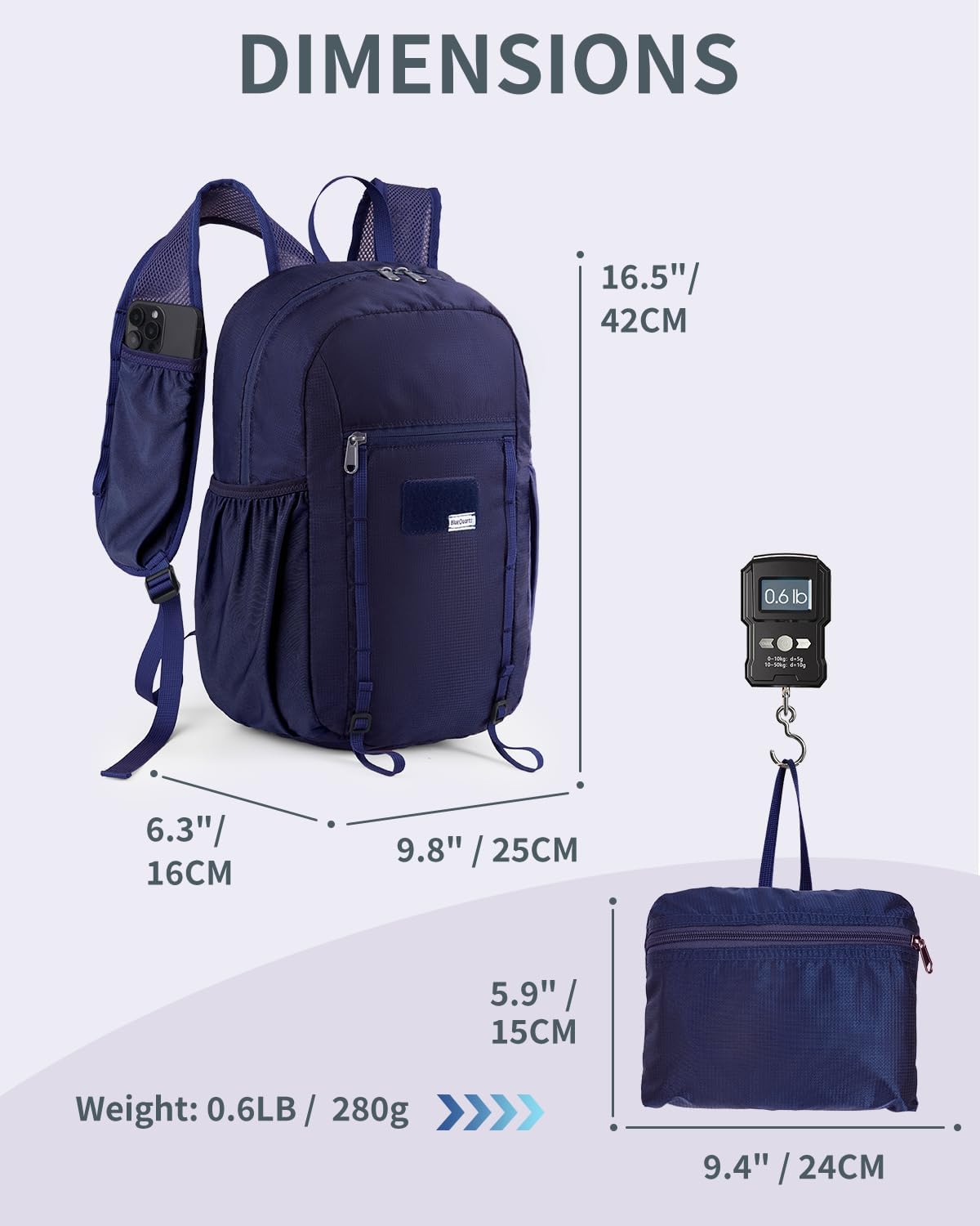 Blue Quartz 15L Small Hiking Backpack with Chest Pockets for Phone, Ultralight Hiking Daypack with Sternum Straps, Lightweight Foldable Packable Back Pack for Women Men(patent pending)