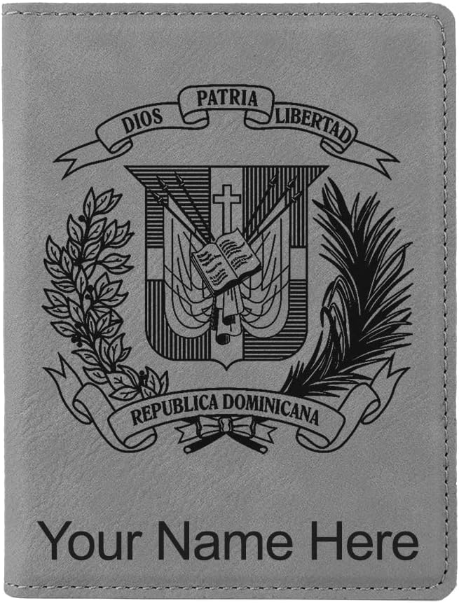 LaserGram Faux Leather Passport Holder, Coat of Arms Dominican Republic, Personalized Engraving Included (Gray)