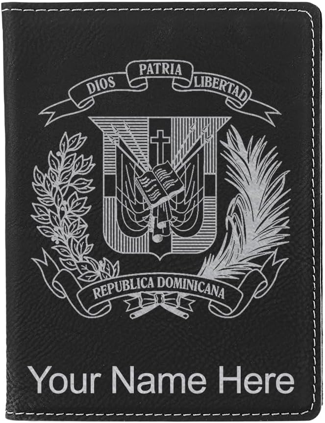 LaserGram Faux Leather Passport Holder, Coat of Arms Dominican Republic, Personalized Engraving Included (Black with Silver)