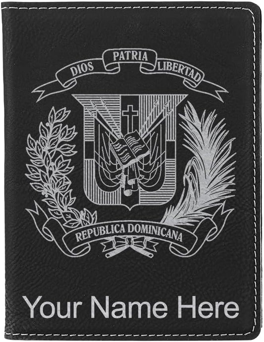 LaserGram Faux Leather Passport Holder, Coat of Arms Dominican Republic, Personalized Engraving Included (Black with Silver)