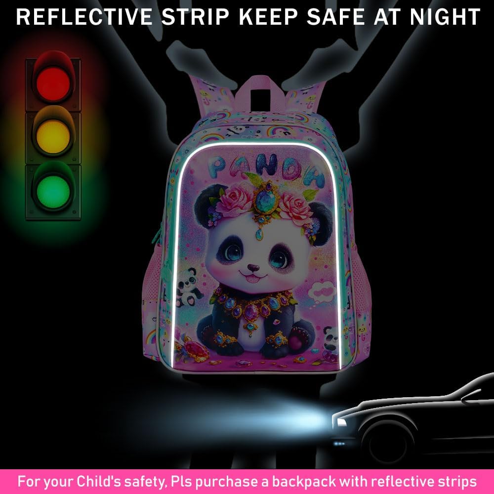 3Pcs Panda Backpack for Girls, 16" Kids School Backpacks with Lunch Box, Bookbag for Elementary