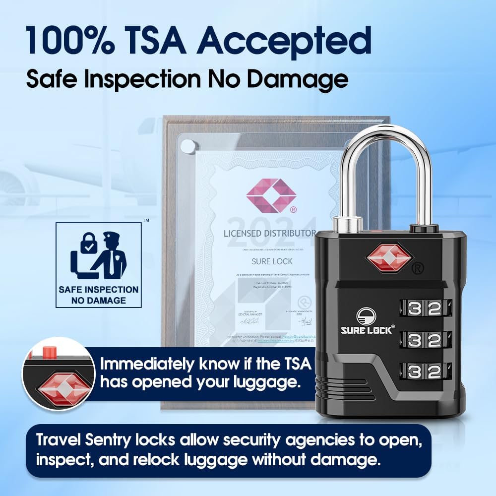 SURE LOCK TSA Locks for Luggage, TSA Approved Luggage Locks with Open Alert, 008 Key for High Security, Easy Read Dials, Zinc Alloy Body, Locker Lock for Suitcase, Gym, Travel(Black 6 pk)