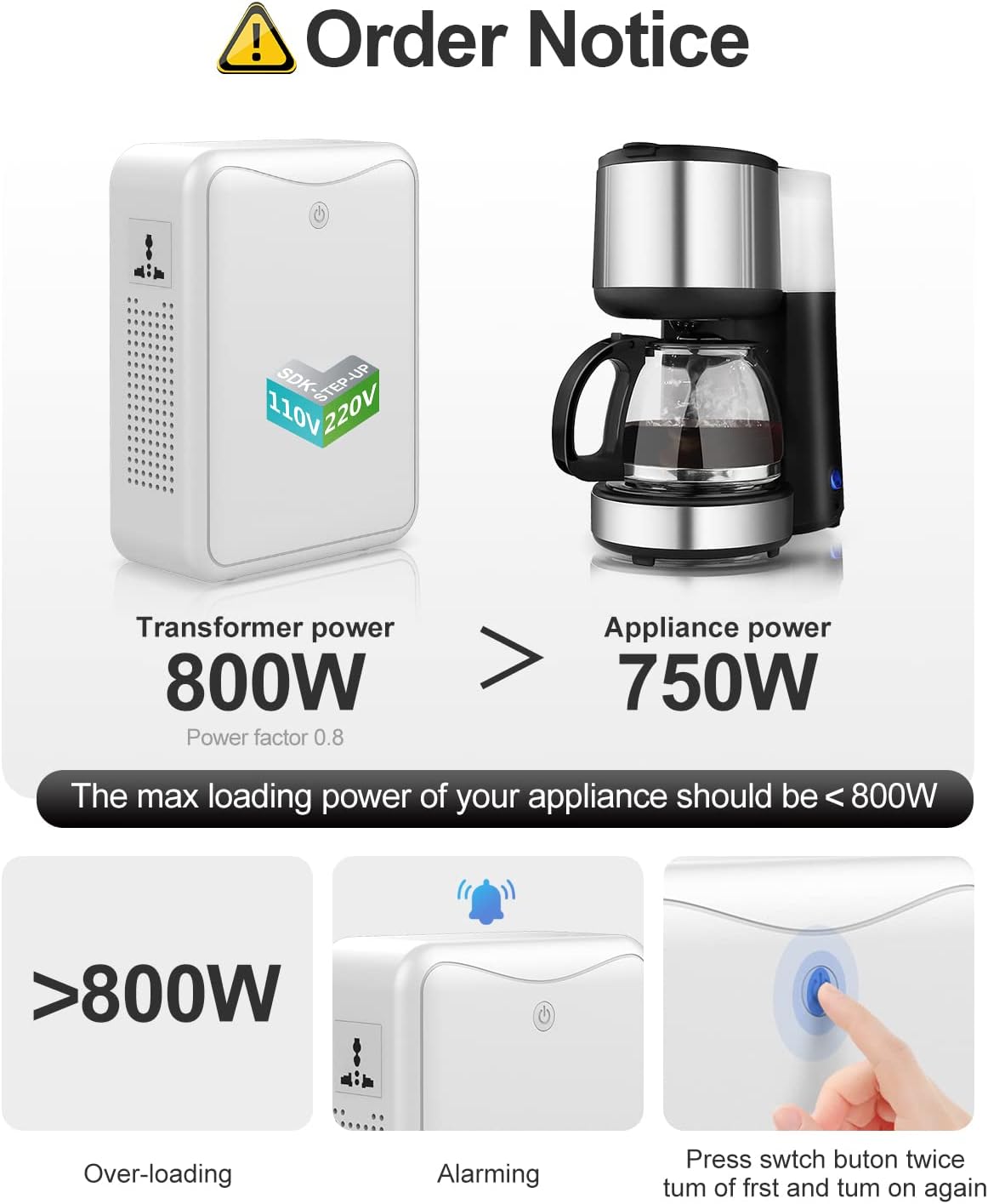 120v to 240v Step Up Transformer 1000W Power Voltage Converters, No Noise, Suit for Coffee Machines, Rice Cookers and Other Kitchen Appliances ，using 220V Asia Euro Appliance in US