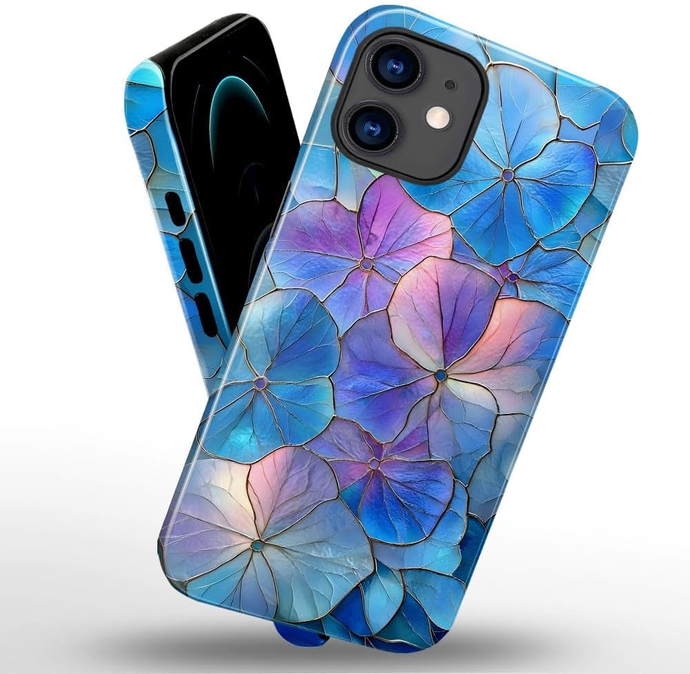 Case for iPhone 12 - Slim Fit Anti-Scratch Phone Case for Girl Women - Blue Hydrangea Floral Stained Glass Aesthetic (Glossy)