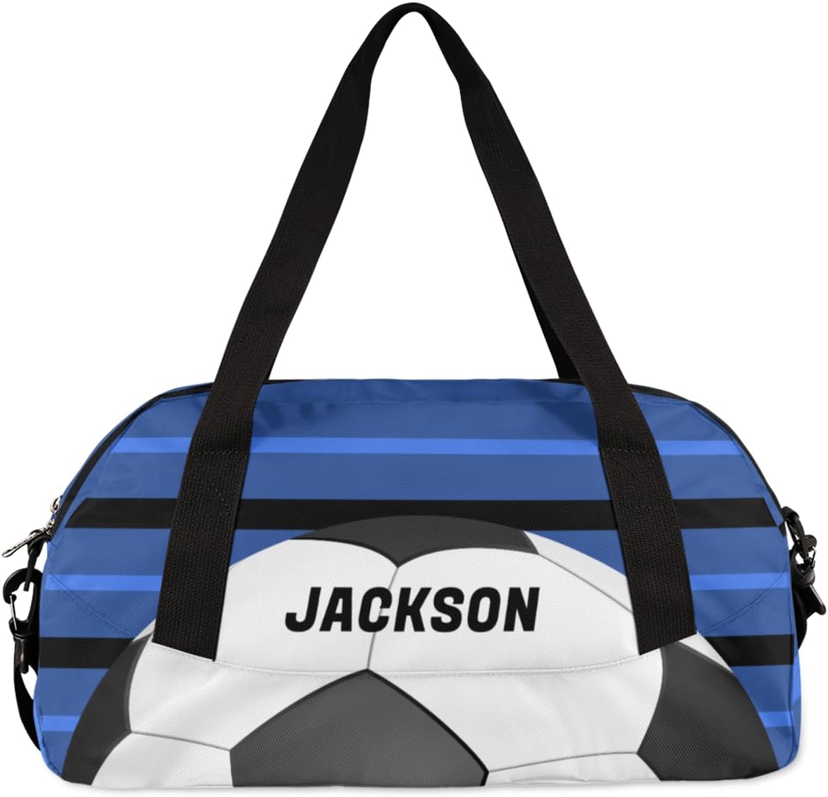 Soccer Ball Custom Name Kids Overnight Duffel Bags Boys Blue Stripe Personalized Sport Gym Bag Customized Duffel Bag for Travel Weekender Practice Gymnastics