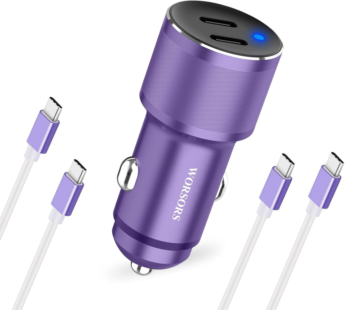 Dual 45W USB C Car Charger, 90W Max Super Fast Charging, All Metal 12V Cigarette Lighter Adapter for iPhone 17 Pro Max/16/15/iPad, Samsung Galaxy S25/S24, Google Phones with 2 Type C Cord 3.3ft Purple
