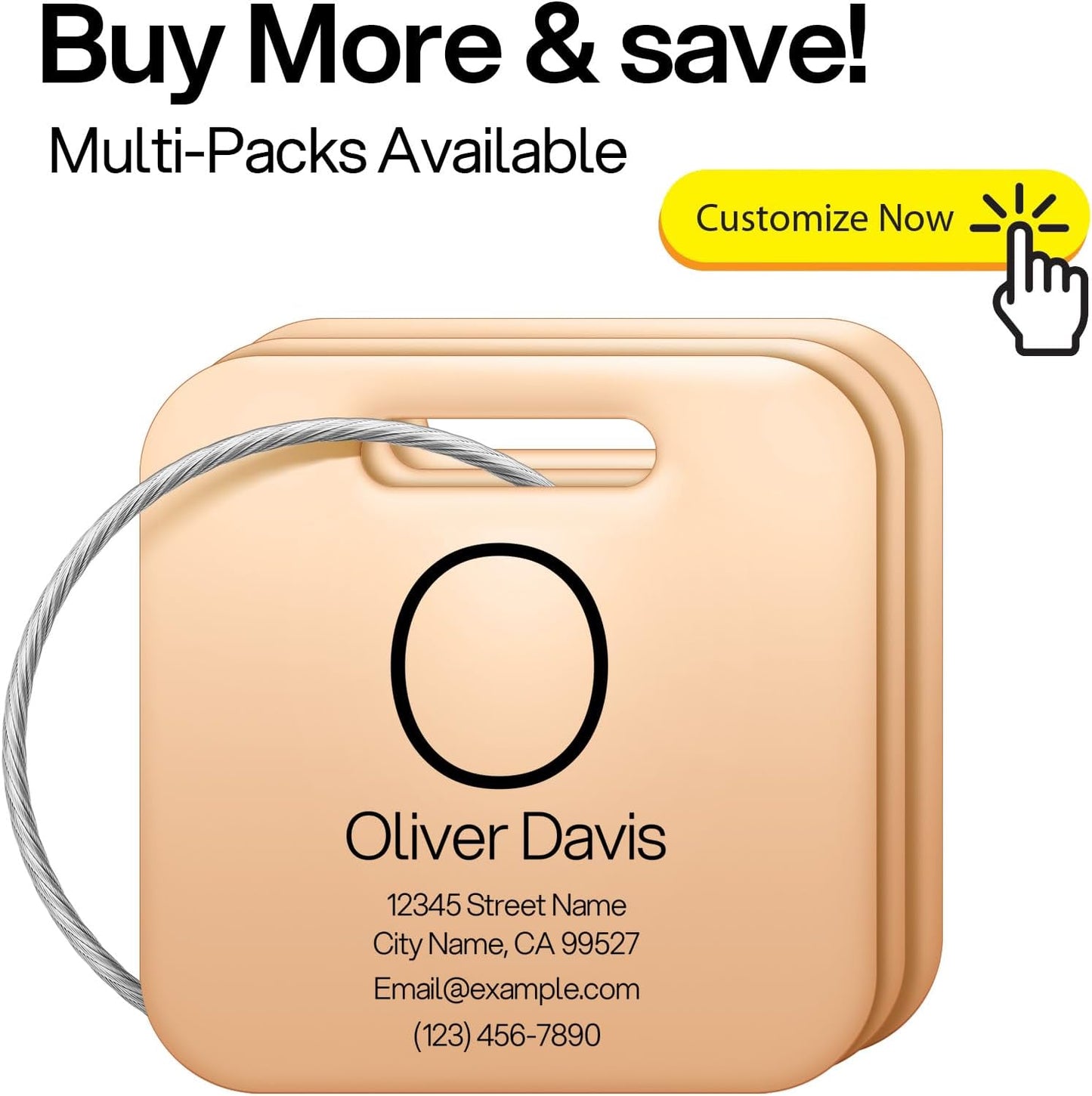 Initial Personalized Luggage Tags for Suitcases - Laser Engraved Stainless Steel Custom Name ID Tag for Backpack and Bag Kids, Women - Metal Baggage Tags Travel Essentials Accessories(Square-Rosegold)