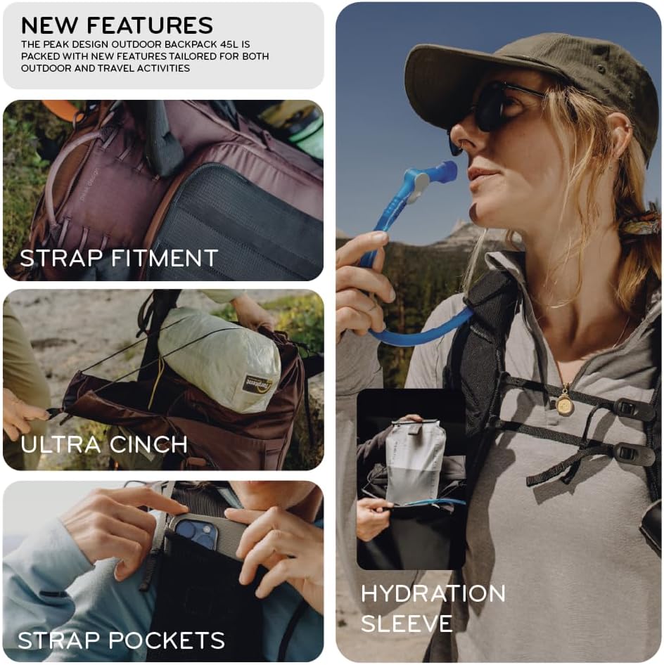 Peak Design Outdoor Backpack 45L, Black, Lightweight Internally-Framed Backpack, Ultra Cinch