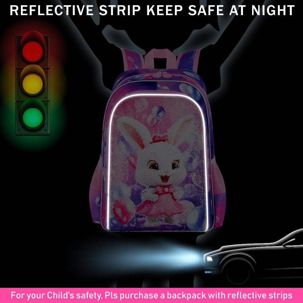 16" Bunny Backpack, 3Pcs Girls Sequin Bookbag for Elementary Preschool Kindergarten, Kids School