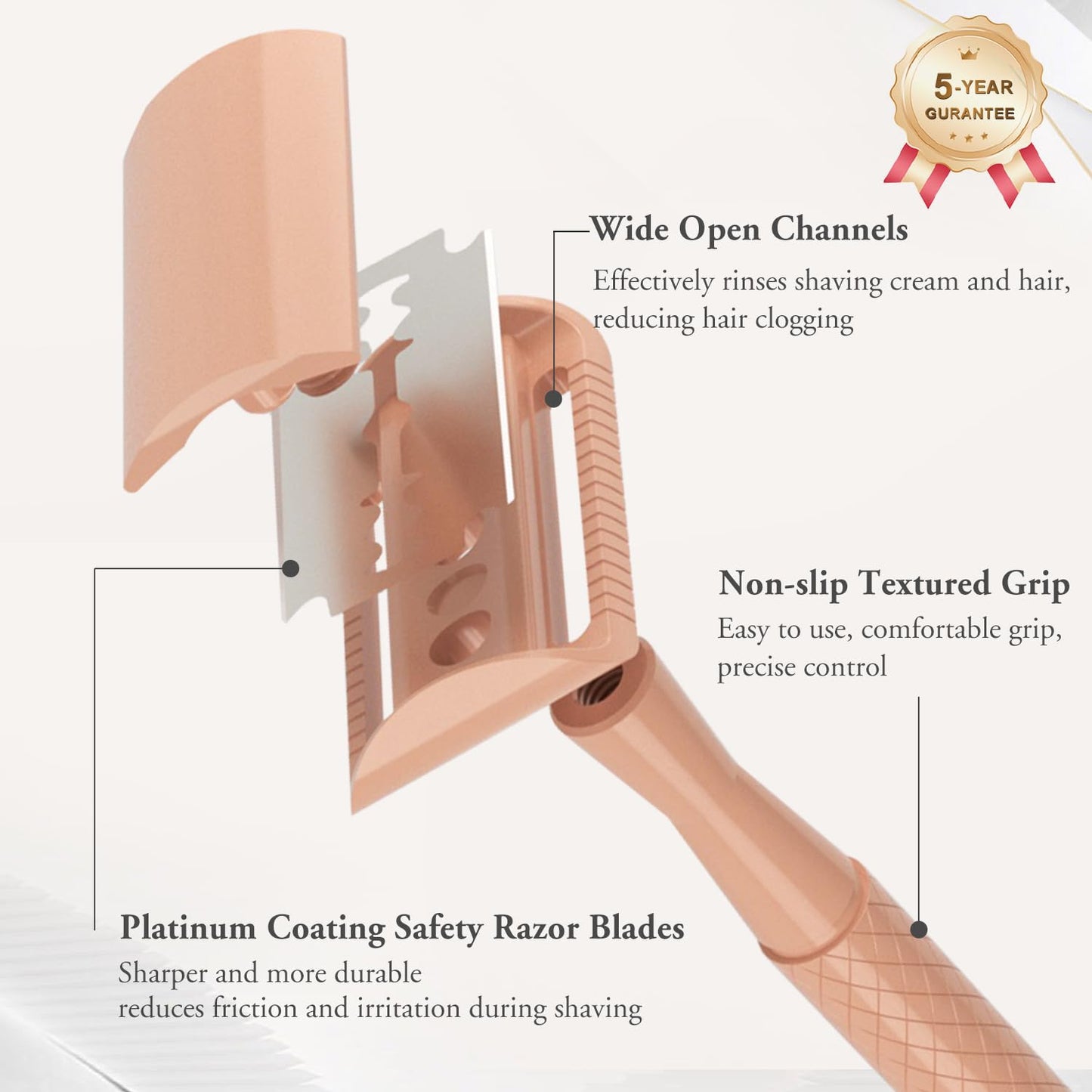 Beige Safety Razor - Single Blade Razors for Women - Reusable Metal Razor, with 5 Stainless Steel Double Edge Blades, Smooth Close Shave, Sustainable, Plastic Free