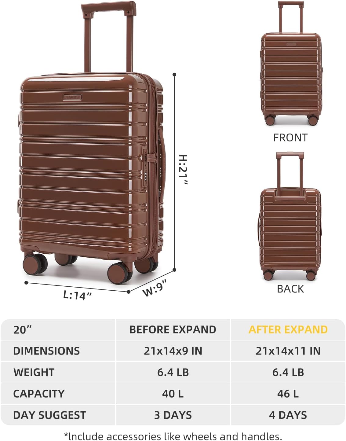 LARVENDER Carry On Luggage 22x14x9 Airline Approved, 20 Inch Expandable PC+ABS Hardside Suitcase Carry On Luggage with Spinner Wheels TSA Lock for Women Men (Mocha)