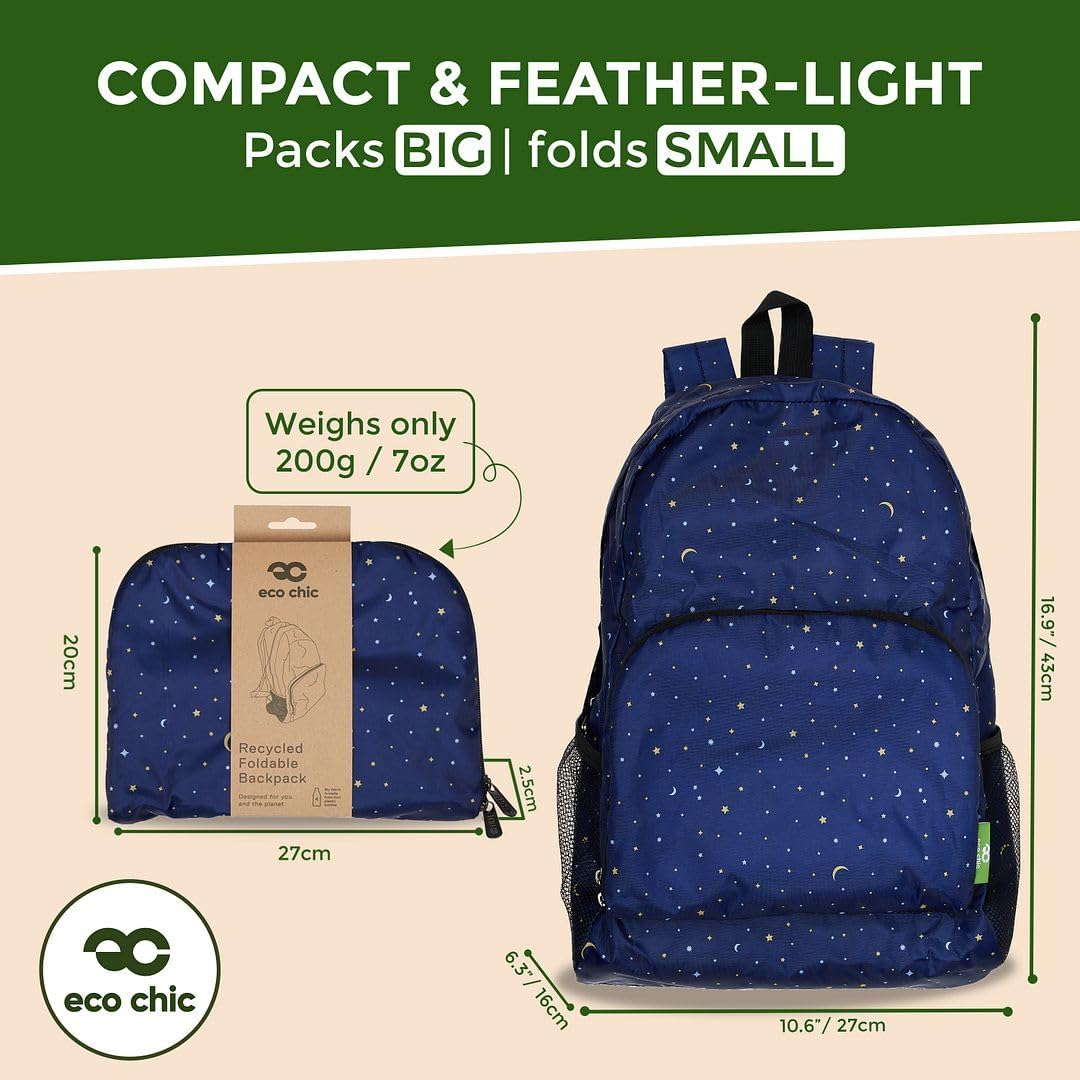 ECO CHIC Hiking Lightweight Packable Backpack - Foldable Daypack for Travel & Hiking & Outdoor Adventures - Waterproof Backpack from Recycled Materials (Stars and Moons Navy)