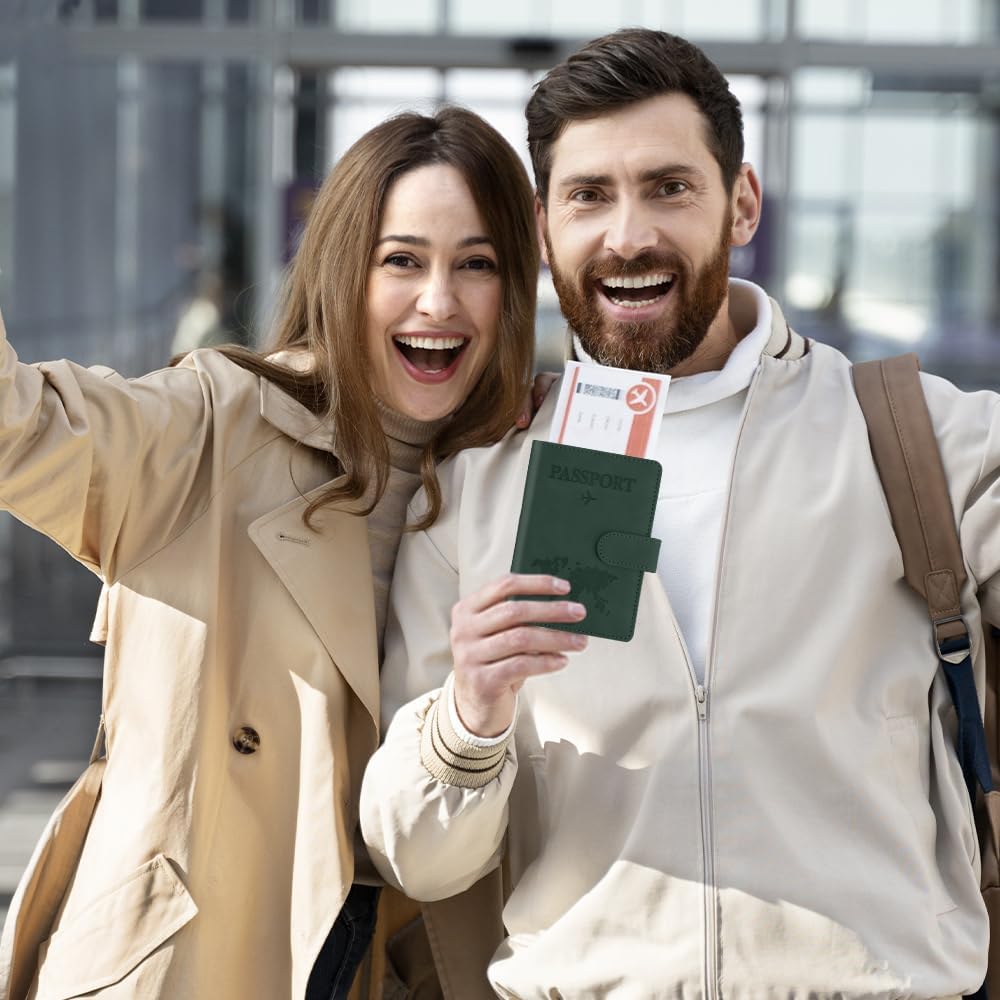 Passport Holder for Travel, Passport Cover Wallet, Premium PU Leather Passport Book Card Holder Case for Women Men, Waterproof RFID Blocking Flying Travelling Essentials Vacation Must Haves, Green