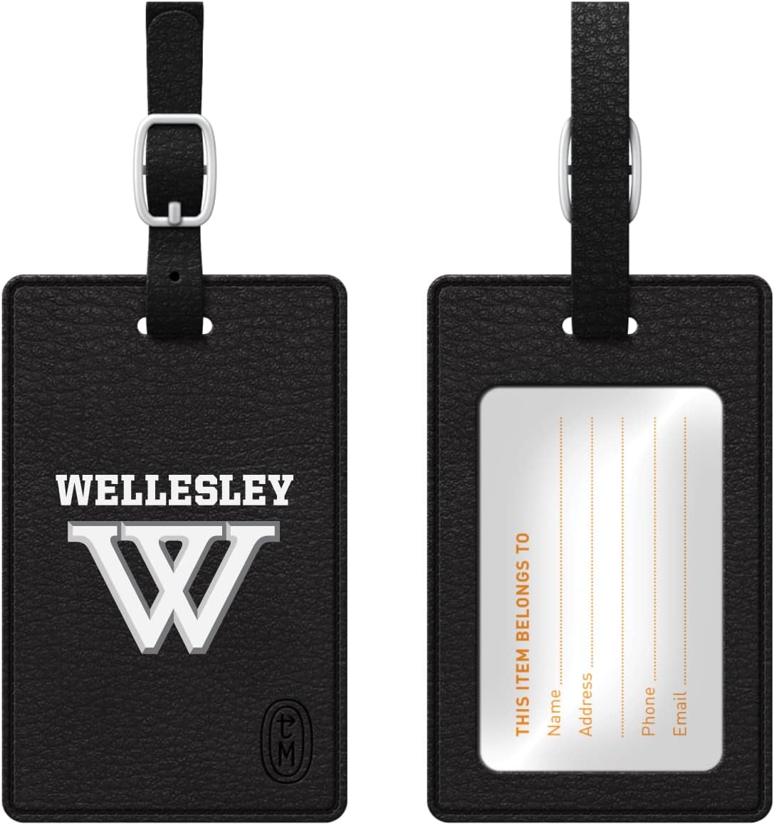 OTM Essentials Wellesley College Faux Leather Luggage Tag, Durable Travel Accessories with Adjustable Strap and ID Card, Classic