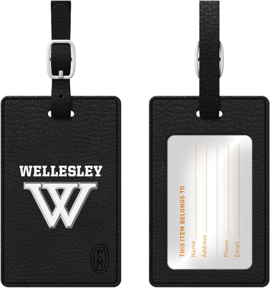OTM Essentials Wellesley College Faux Leather Luggage Tag, Durable Travel Accessories with Adjustable Strap and ID Card, Classic