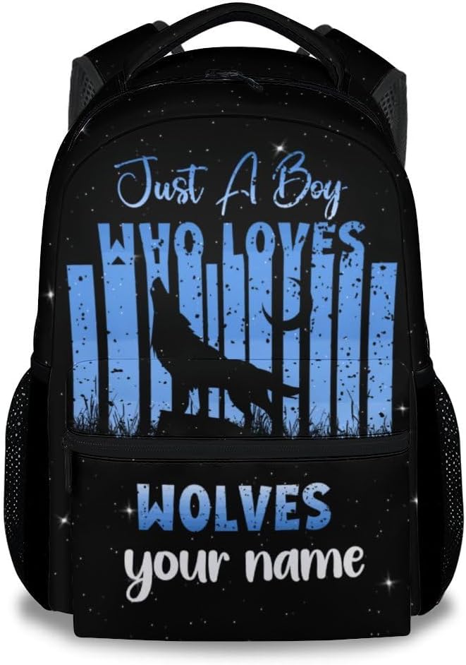 UNIKITTY Personalized Kids Backpack for Boys, Wolf Backpack for Preschool Middle School, Black Cool Large Capacity Bookbag with Adjustable Straps, 17" School Backpack for Kids Children