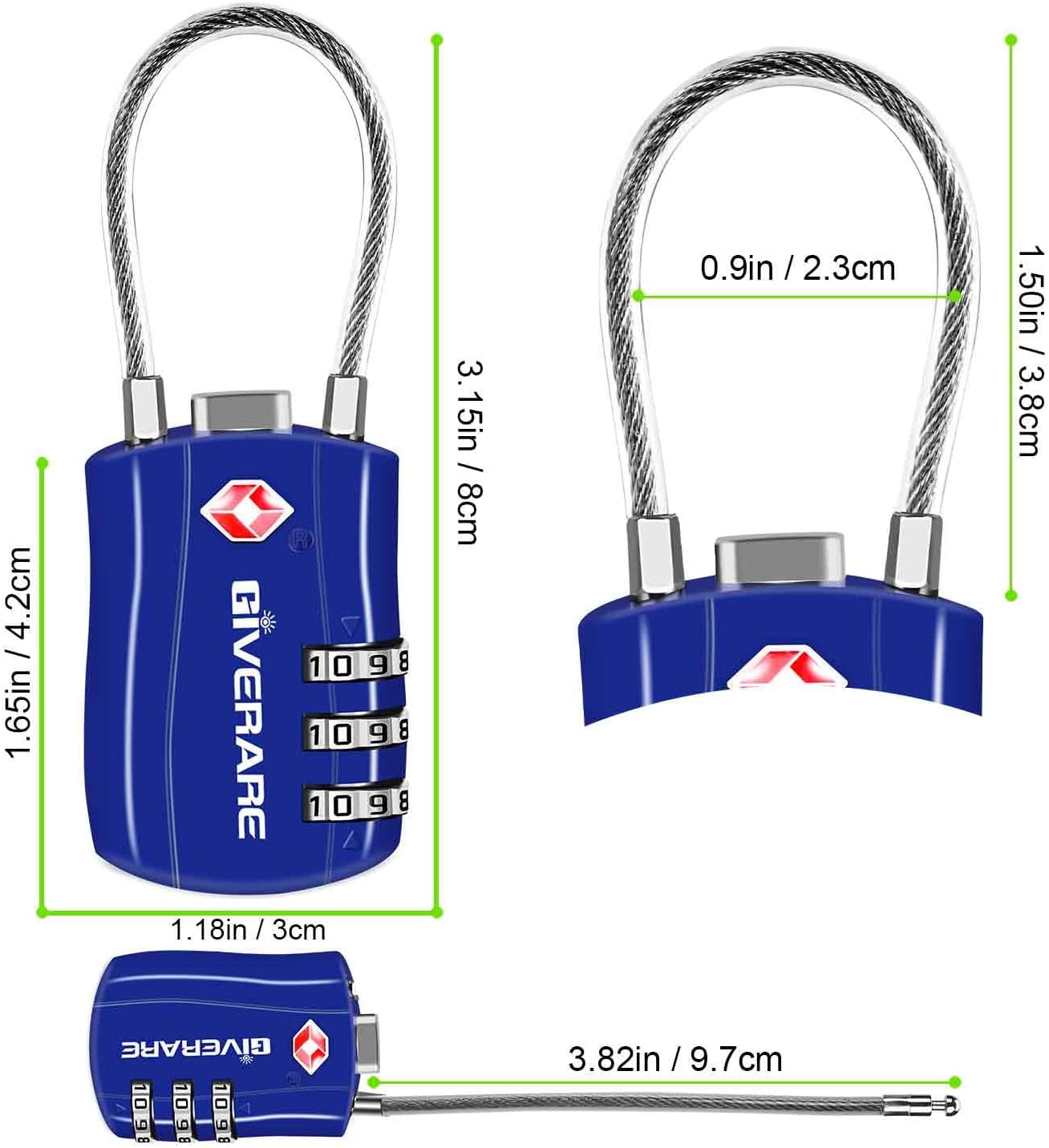 GIVERARE 2 Pack TSA Approved Luggage Locks, Combination Travel Cable Lock, Re-settable 3-Digit