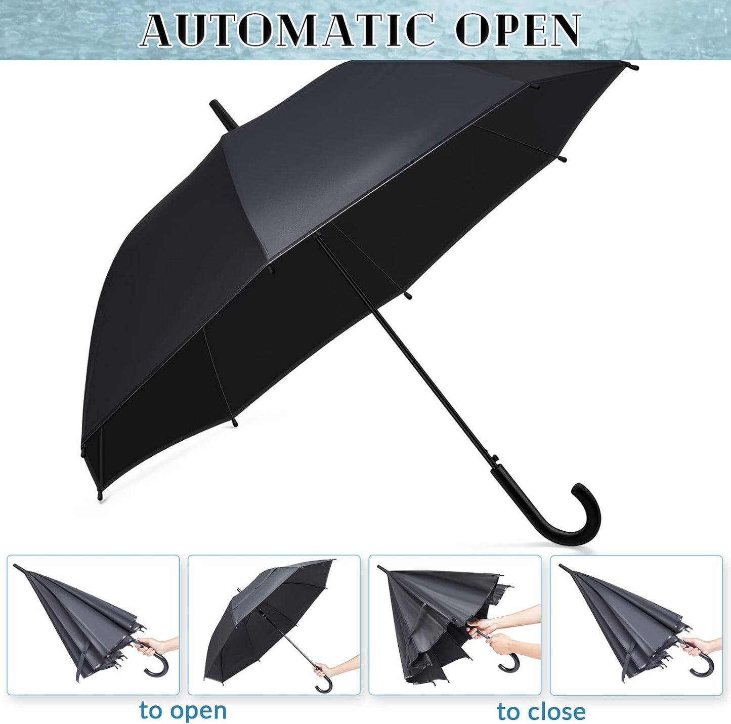 Reginary Black Umbrella Bulk Wedding Stick Umbrellas Large Canopy Windproof Rain Auto Open J Hook Handle for Adult