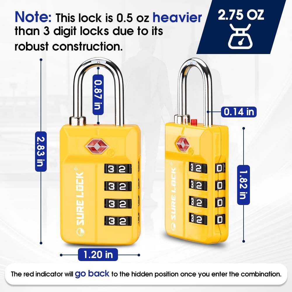 TSA Approved Travel Luggage Locks, Open Alert Combination Lock for School Office & Gym Locker ,Toolbox, Pelican Case,Easy Read Dials- 1, 2 & 4 Pack (1, Yellow 1 Pack)