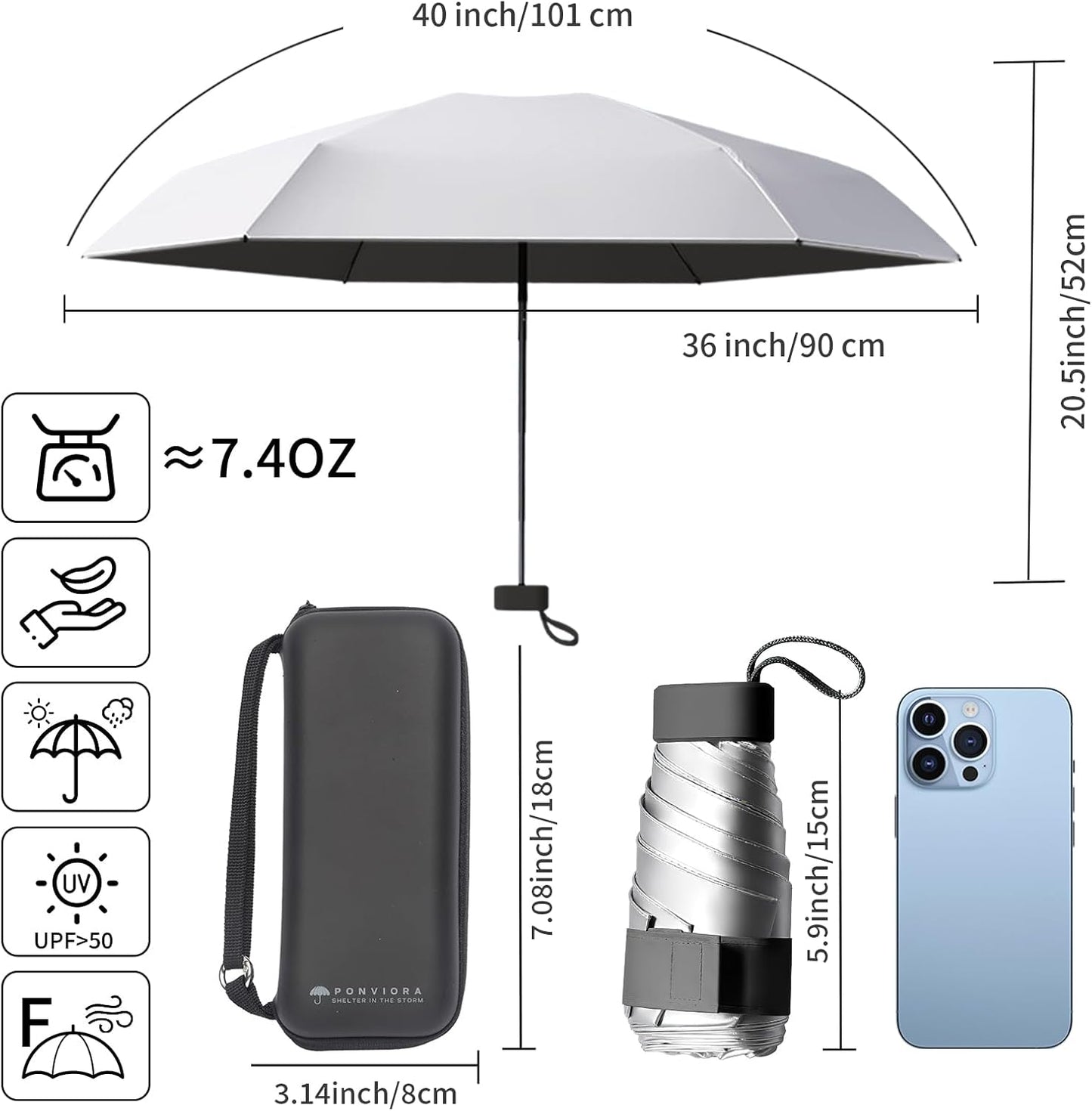 Compact Mini Windproof Travel Umbrella-UPF 50+ Sun & Rain Protection, Small Folding Design Fits in Pocket or Purse, Lightweight Portable with Case for Women, Men & Kids