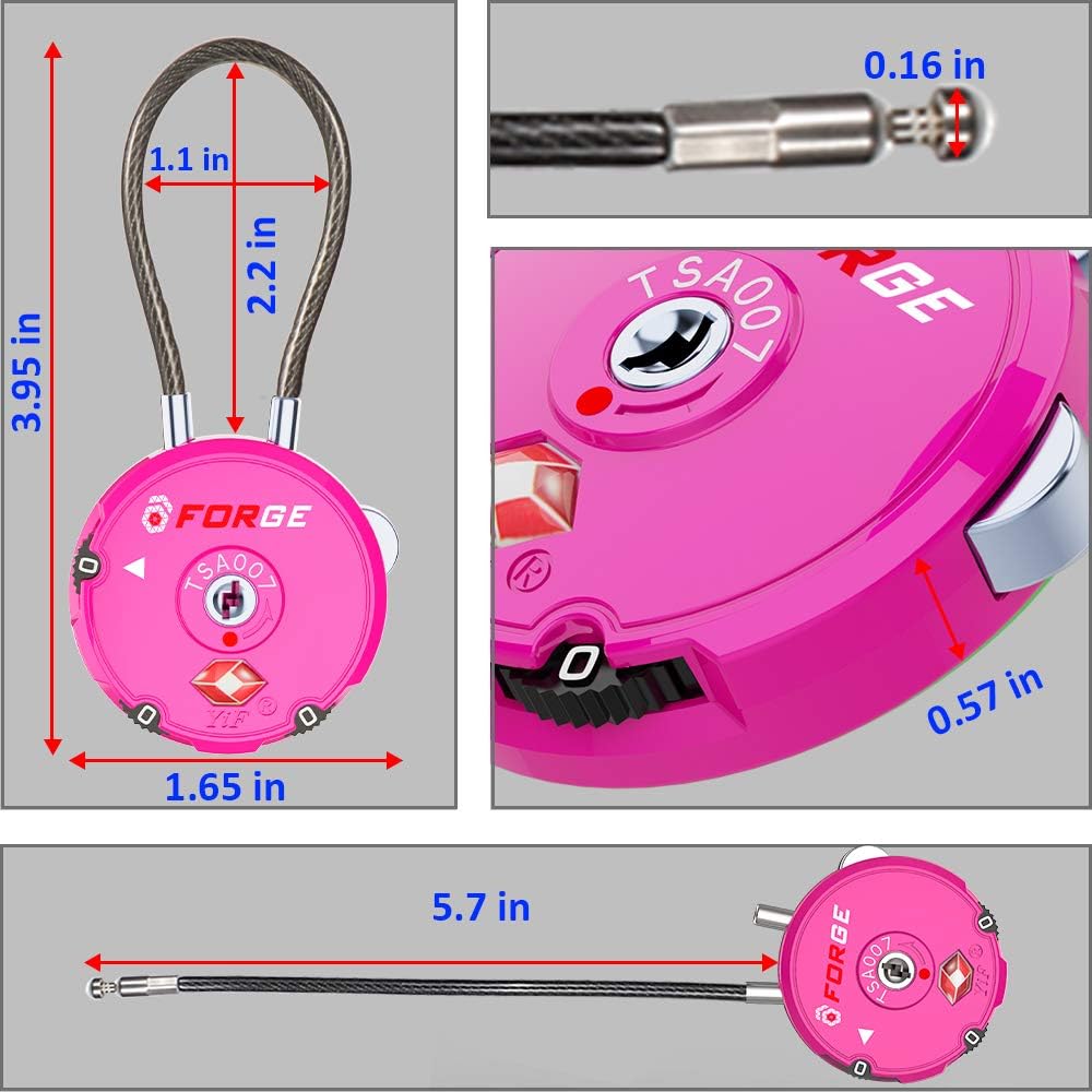Forge Quality TSA Approved Luggage Locks for Travel Accessories, Suitcase, Pelican case, Set Your own Combination, Zinc Alloy Body-Cable Locks Pink 2 Locks