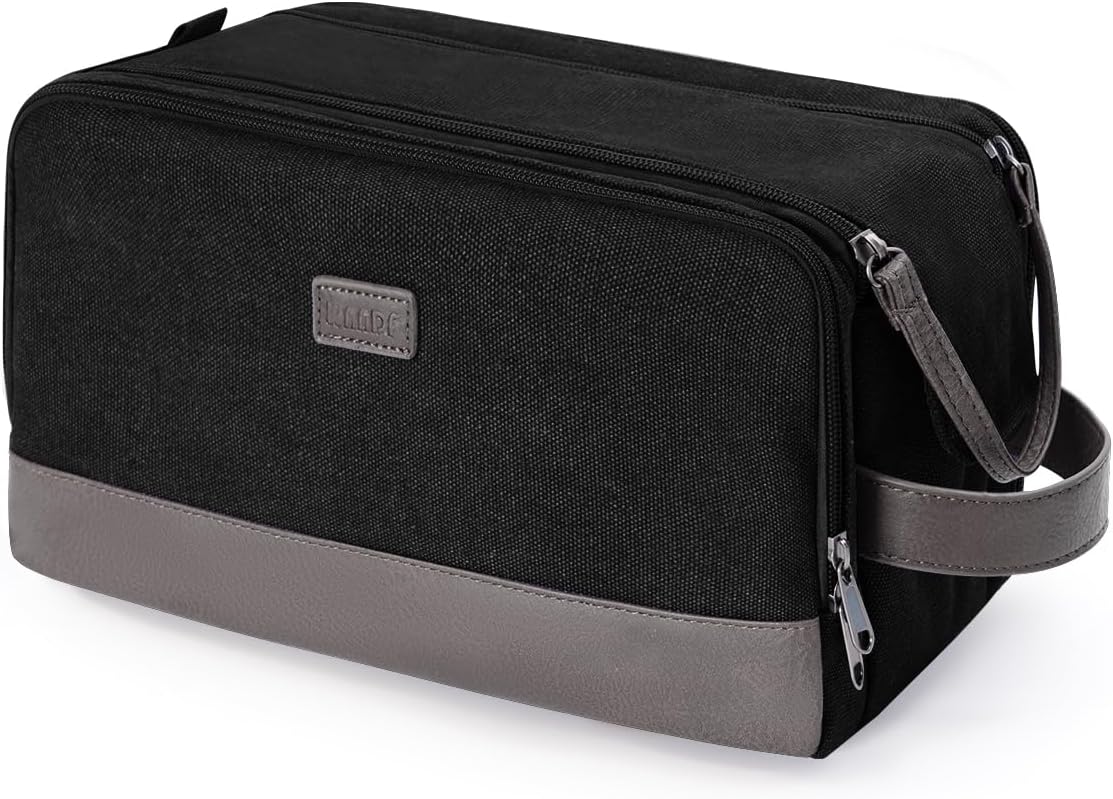 WANDF Toiletry Bag for Men Travel Toiletry Organizer Canvas and Leather Dopp Kit Water-Resistant