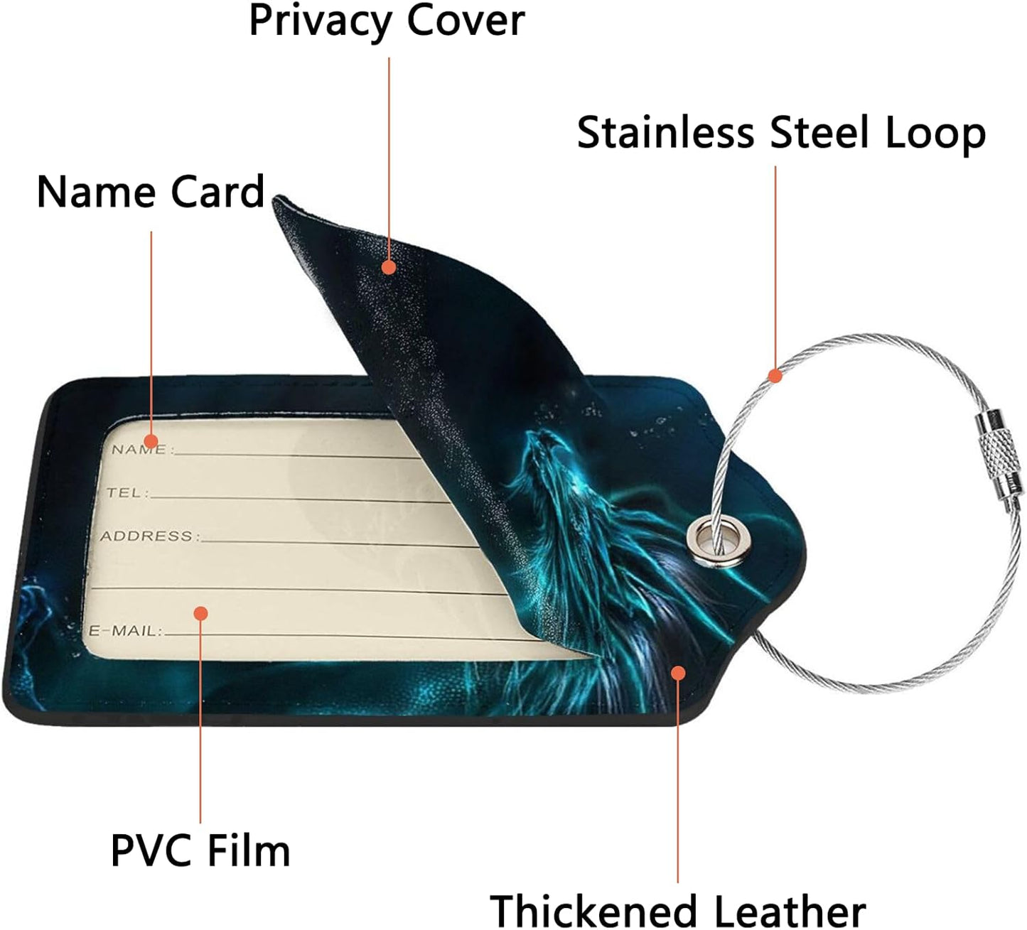 2 Pack Luggage Tags for Suitcase, Privacy Cover ID Label with Stainless Steel and Address Card for Travel Bag Backpack Cruise Ship Essentials Tag Men Boys Kids - Cool Blue Dragon