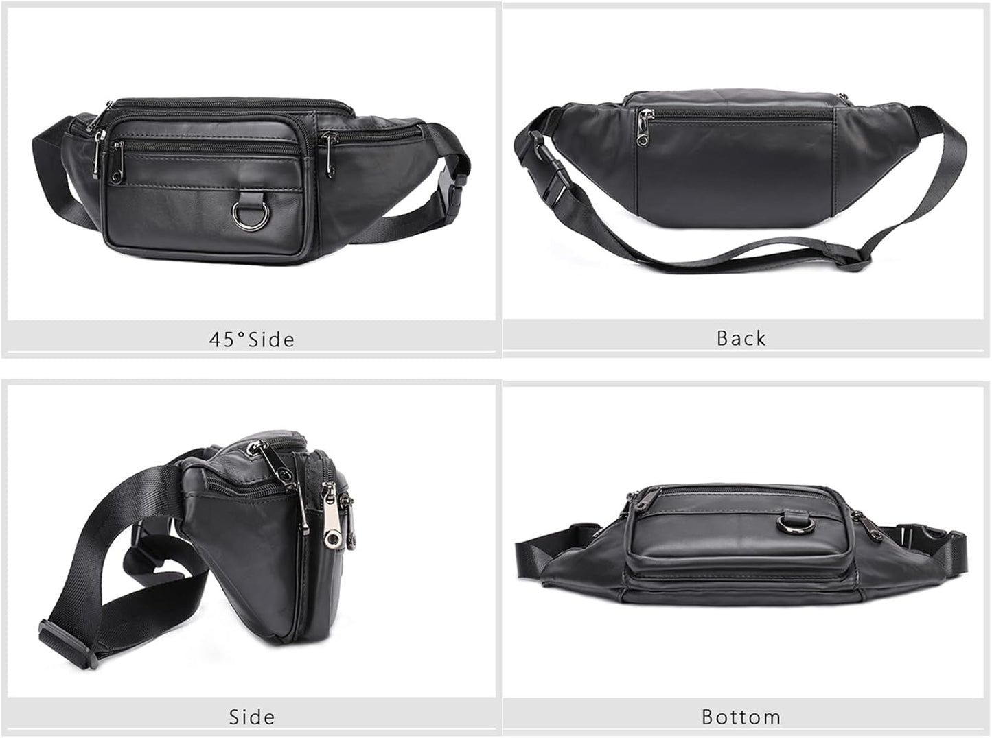 Genuine Leather Fanny Pack HandMade Durable cowhide Waist Bag Lots of Anti-theft zipper pocket Black