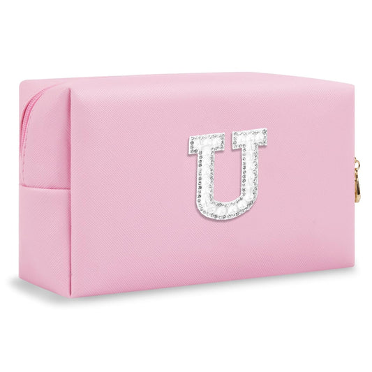 ChaoGreat Bride Gifts – Personalized Initial Makeup Bag with Pearl Rhinestone Patch, Preppy Pink Monogram Cosmetic/Toiletry Pouch, bridesmaid Gifts, Bridal Shower Gifts, Wedding Gifts, Bridal Gifts,U