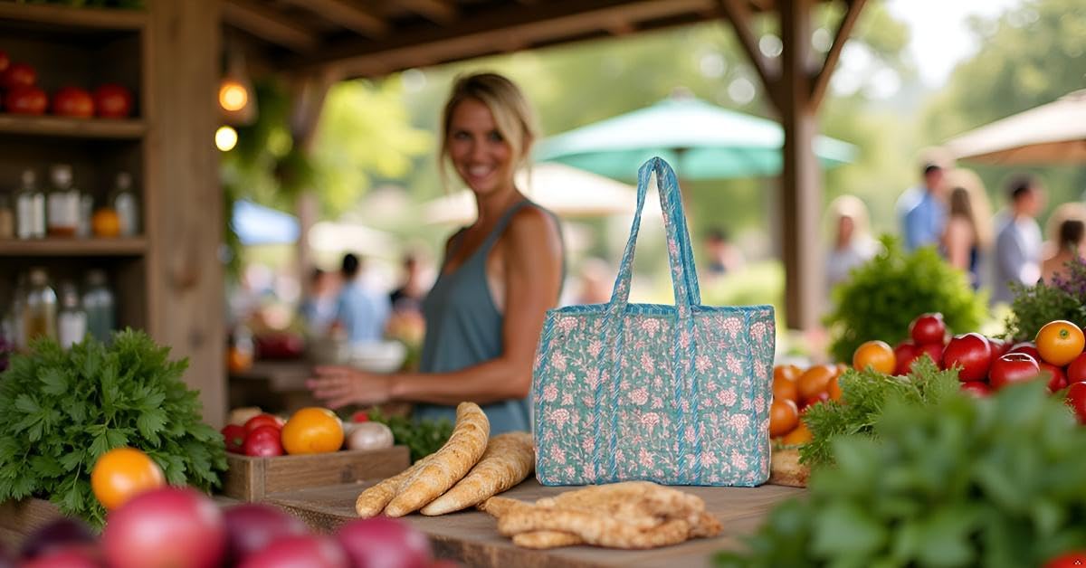 Floral Cotton Tote Bag for Women – Large Reusable Shoulder Bag for Shopping, Grocery, Beach, Travel & Everyday Use