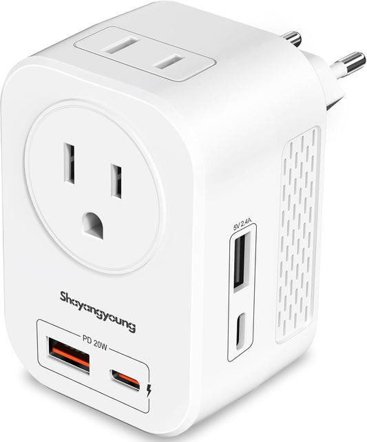 220V to 110V Voltage Converter US to Europe International Universal Travel Adapter, 20W PD With 2 USB-A 2 USB-C Port,Worldwide Power Converter Plug Combo US to Italy Spain Greece WHITE-IV