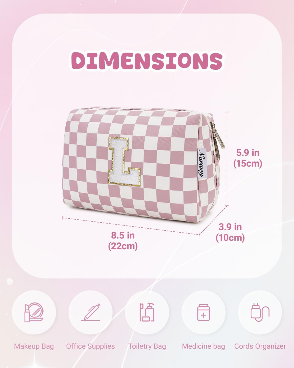 Narwey Birthday Gifts for Teen Girls Kids Women Personalized Initial Checkered Makeup Bag Pink Monogram Cosmetic Bag Trendy Stuff 6 8 10 11 12 13 14 16 18 Years Old Travel Toiletry Bag (Dusty Rose L)