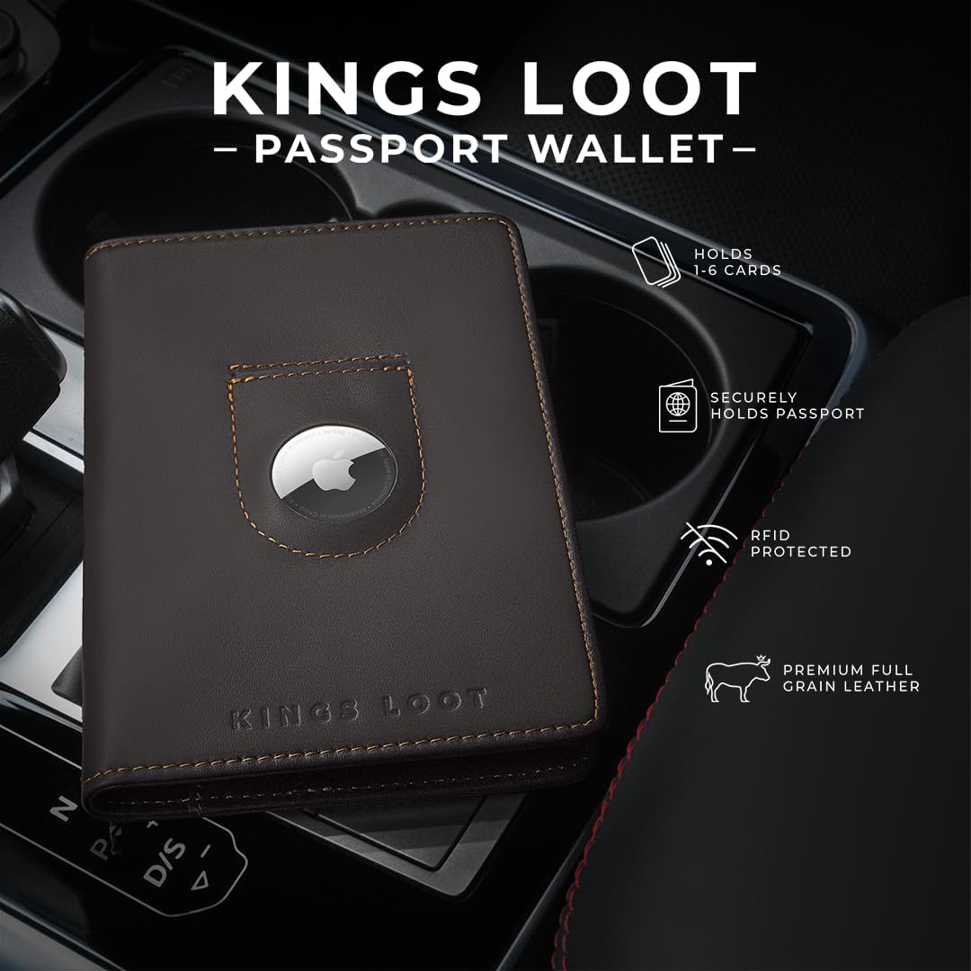 Kings Loot Passport Holder Wallet – RFID Blocking Leather Travel Wallet with Built-in Airtag Holder – Holds 1-6 Cards & Passport – Easy Pull Tab – Slim & Stylish Wallets (Truffle/Engraved)