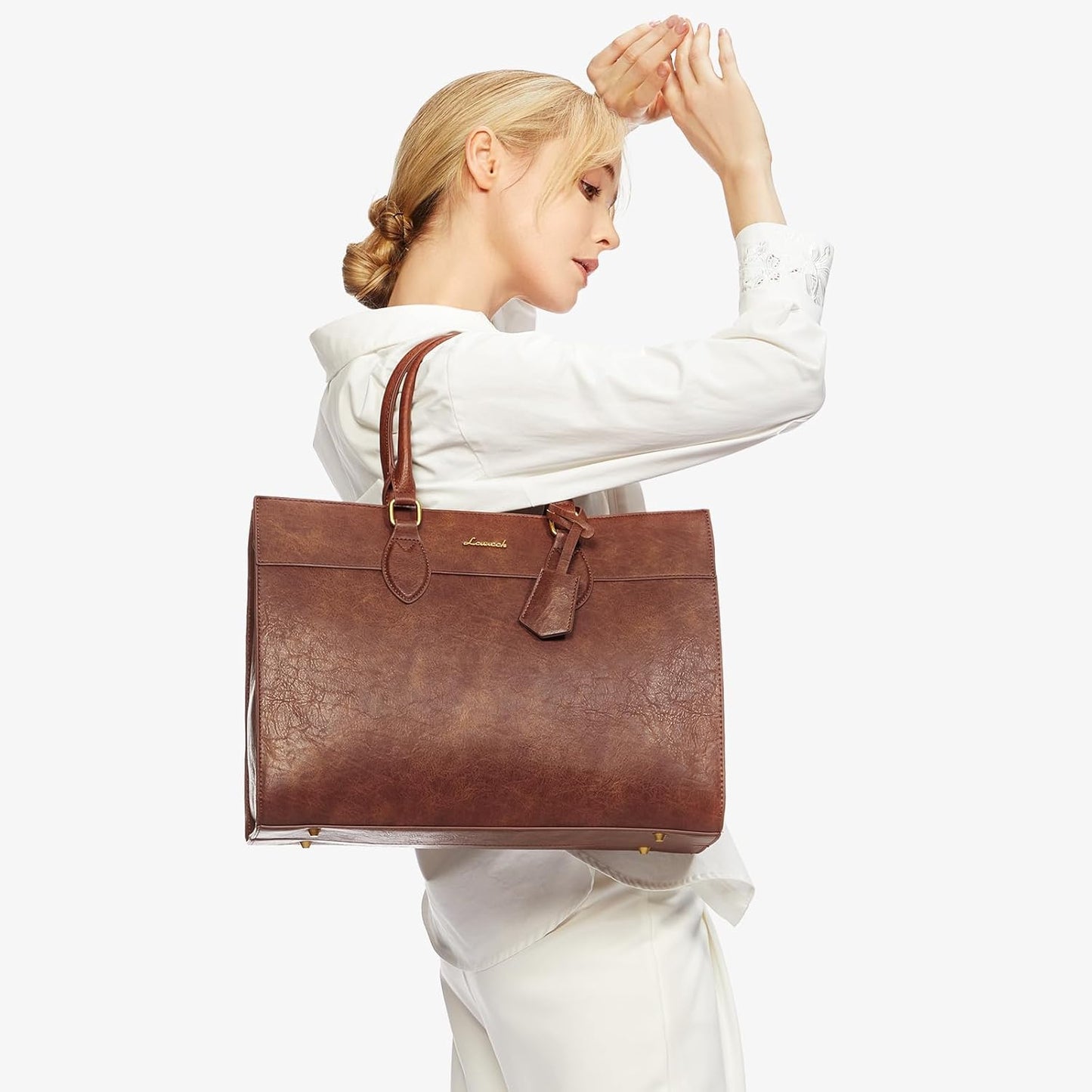 LOVEVOOK Laptop Bag for Women, 15.6 inch Laptop Tote Work Bag Purse, Large Waterproof Leather Computer Briefcase for Office, Reddish Brown