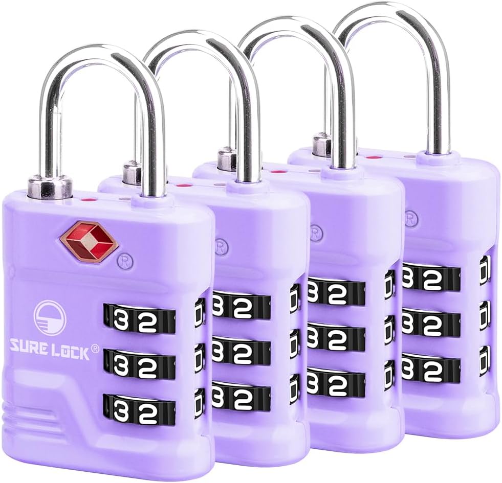 SURE LOCK TSA Locks for Luggage, TSA Approved Luggage Locks with Open Alert, 008 Key for High Security, Easy Read Dials, Zinc Alloy Body, Locker Lock for Suitcase, Gym, Travel. (Purple 4 pk)