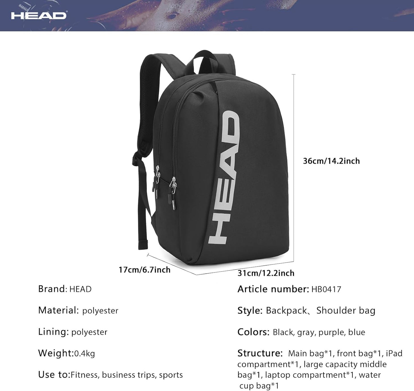 HEAD Waterproof Sports Gym Backpack for Women & Men, Large Casual Daypack Travel Backpacks for College/Weekender Overnight/Work/Fitness, 15.6 inch Laptop Backpack Lightweight Computer Bag Notebook Bag