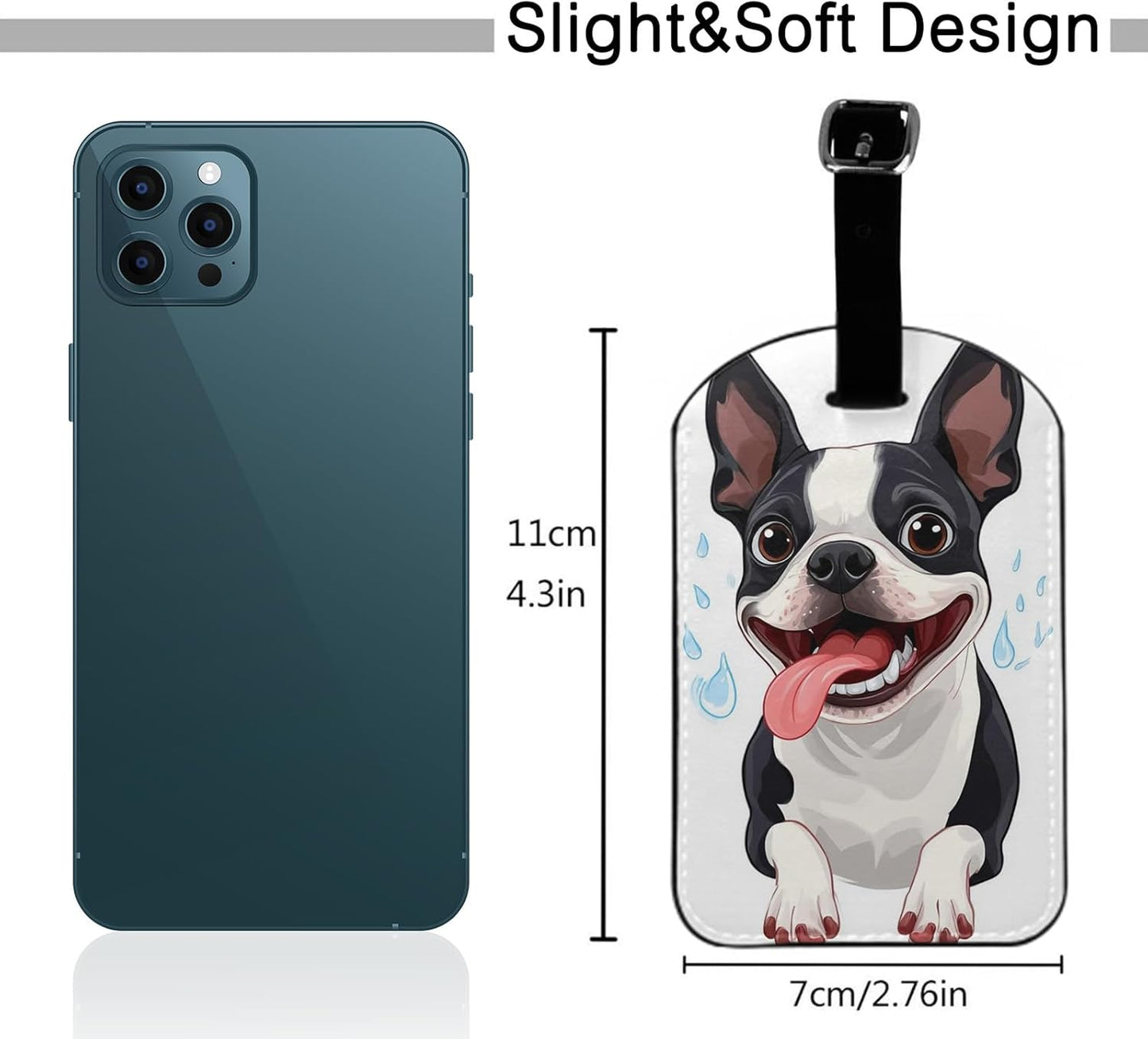 Happy Puppy Luggage Tag Cartoon Boston Animal Cute Pet Suitcase Tag with Strap for Handbag School Bag Label ID, 1 Pack
