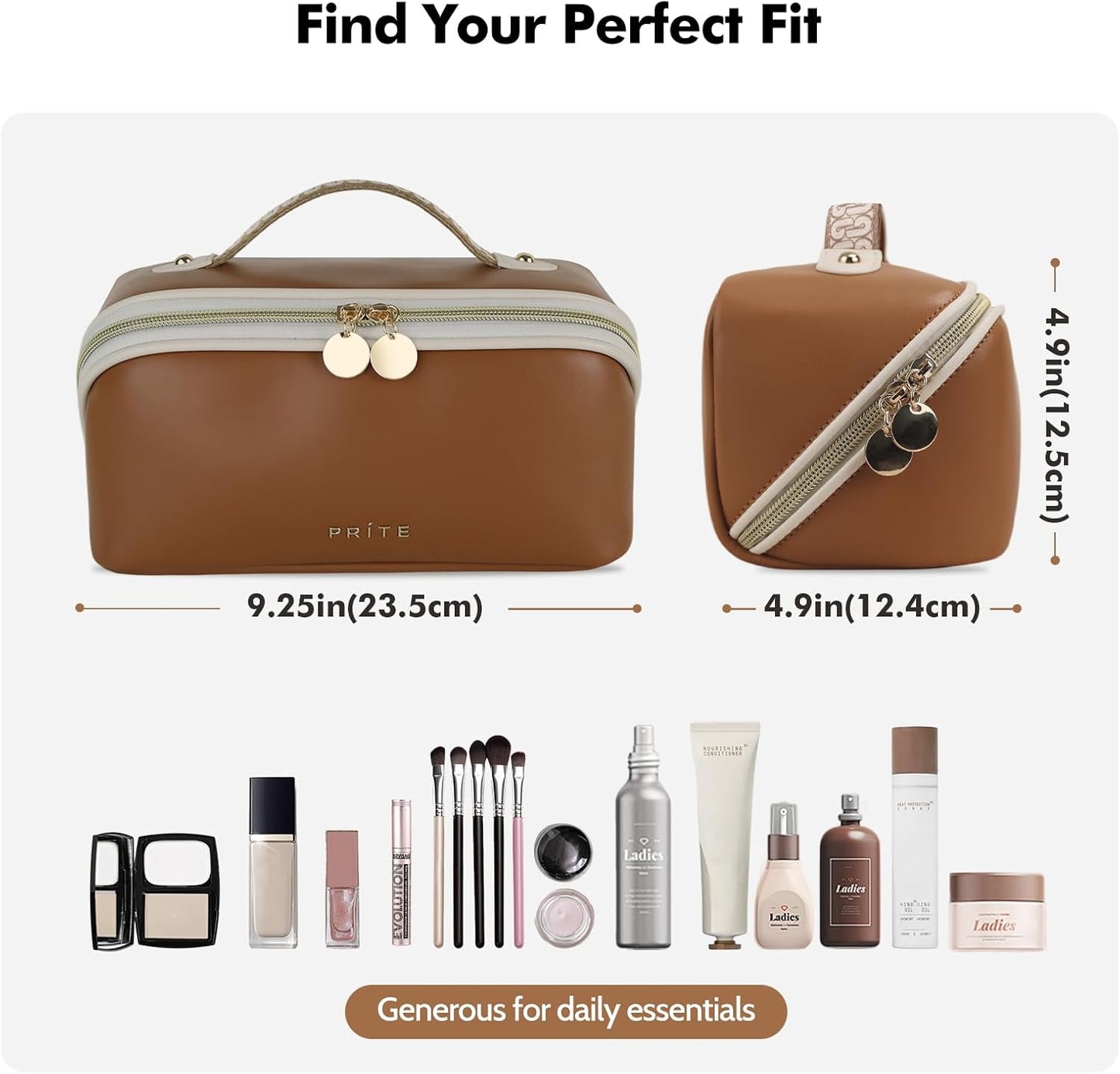 Prite Travel Cosmetic Bag Makeup Organizer Bag For Women Large Capacity Waterproof PU Leather Toiletry Bag with Handle and Clear Divider(Dark Brown)