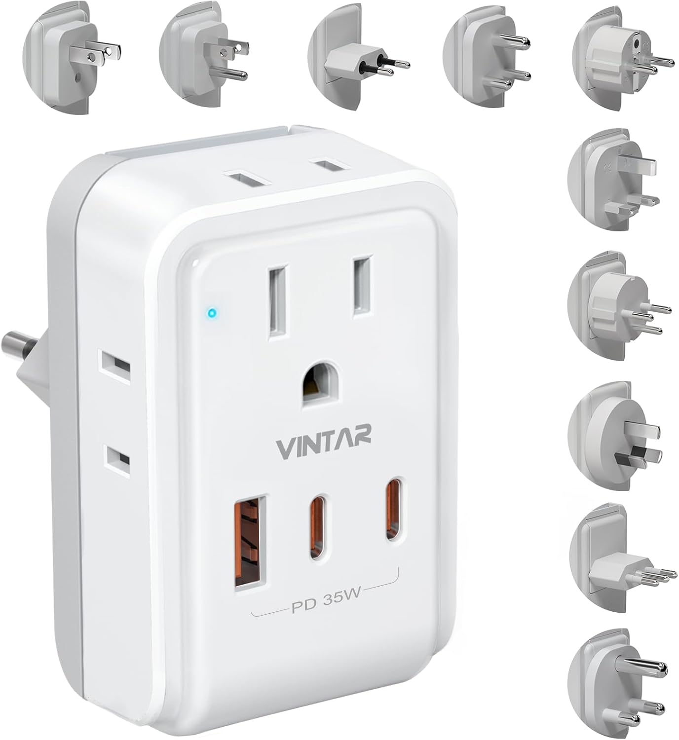 Universal Travel Adapter Kit, VINTAR PD 35W International Power Adapter with 4 AC and 3 USB Ports(2 USB-C), Type A,B,C,D,E/F,G,H,I,L,M Detachable Attachments, Travel Adapter Worldwide for EU/UK/Africa