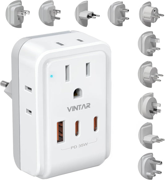 Universal Travel Adapter Kit, VINTAR PD 35W International Power Adapter with 4 AC and 3 USB Ports(2 USB-C), Type A,B,C,D,E/F,G,H,I,L,M Detachable Attachments, Travel Adapter Worldwide for EU/UK/Africa