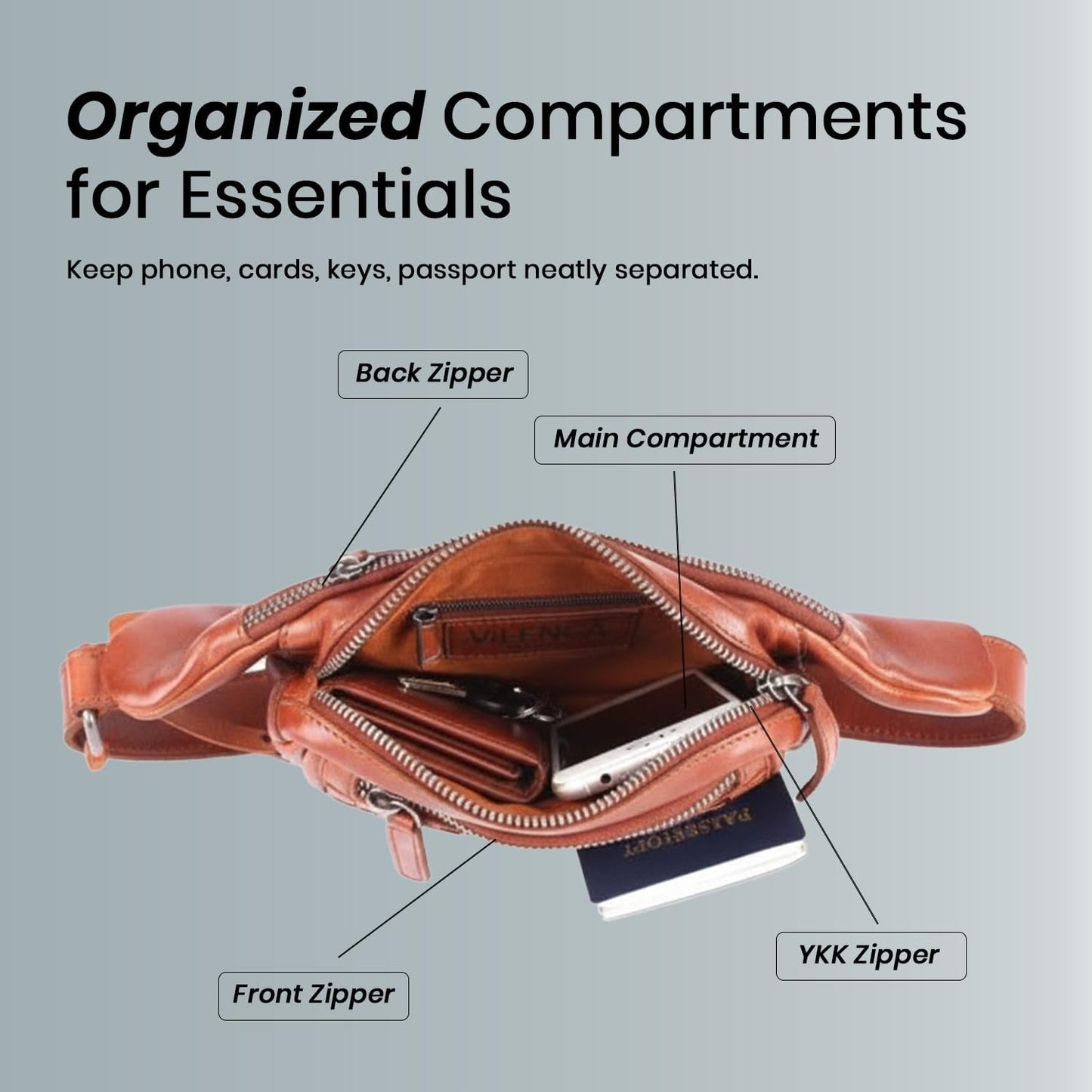 Genuine Leather Waist Bag Unisex, Waist Bag for Travel Trendy Casual Travelling Essentials Kept Bag Stylish, Durable, and Secure Travel Companion(VL-094-COGNAC)