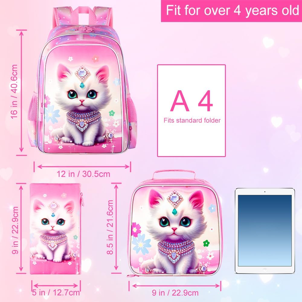3PCS Girls Cat Backpack, Water Resistant Kids Bookbag Set with Lunch Box，Cute Elementary School Bag for Preschool Toddler