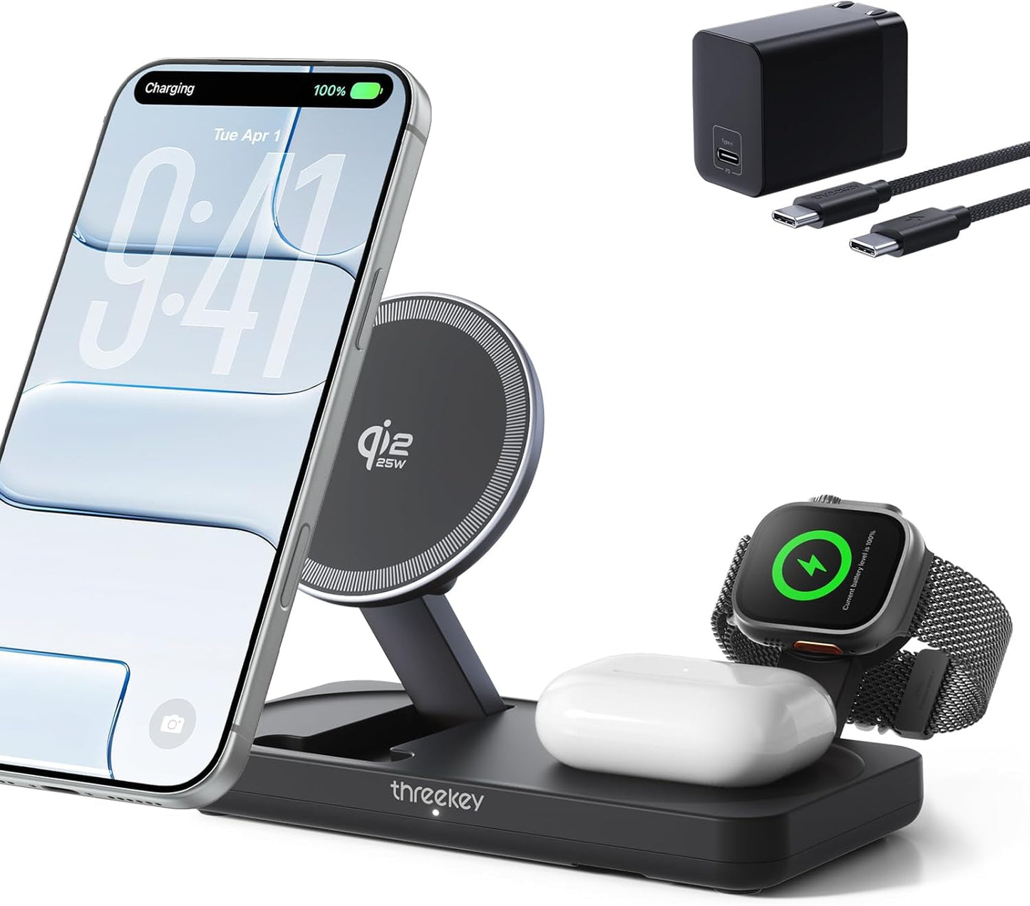 MFi Certified by Apple, THREEKEY 3-in-1 Charging Station, Qi2 25W Fast MagSafe Charger, Wireless Charger Stand for iPhone 12-17 Series, Apple Watch & AirPods, Pixel 10 Pro XL(45W Adapter Included)
