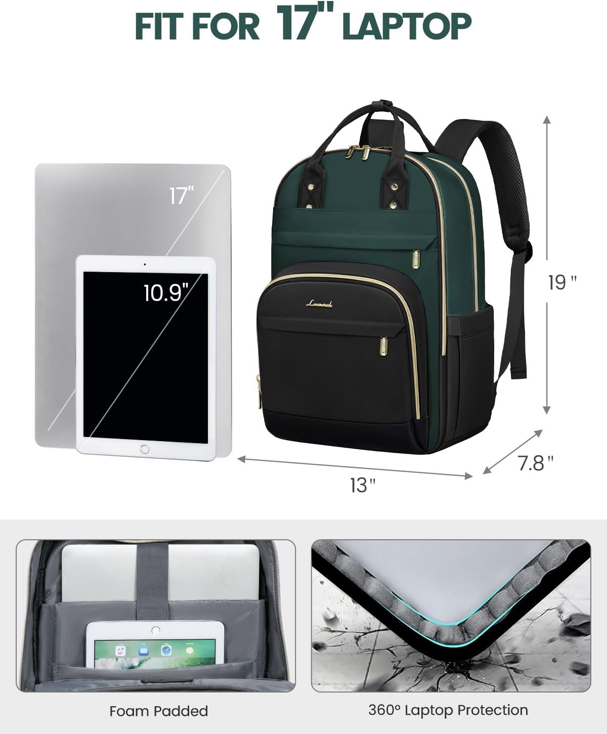 LOVEVOOK Backpack for Women,Laptop Backpack Women,Fits 17 Inch Laptop Bag,School Backpacks,Fashion Travel Work Anti-theft Bag,Waterproof Business Computer College Backpack Purse,Dark green-Black