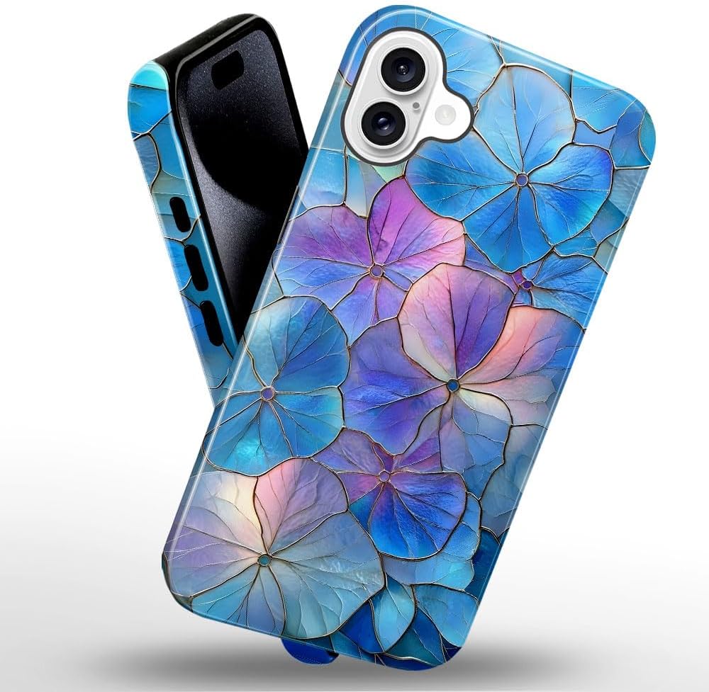 Case for iPhone 16 - Slim Fit Anti-Scratch Phone Case for Girl Women - Blue Hydrangea Floral Stained Glass Aesthetic (Glossy)