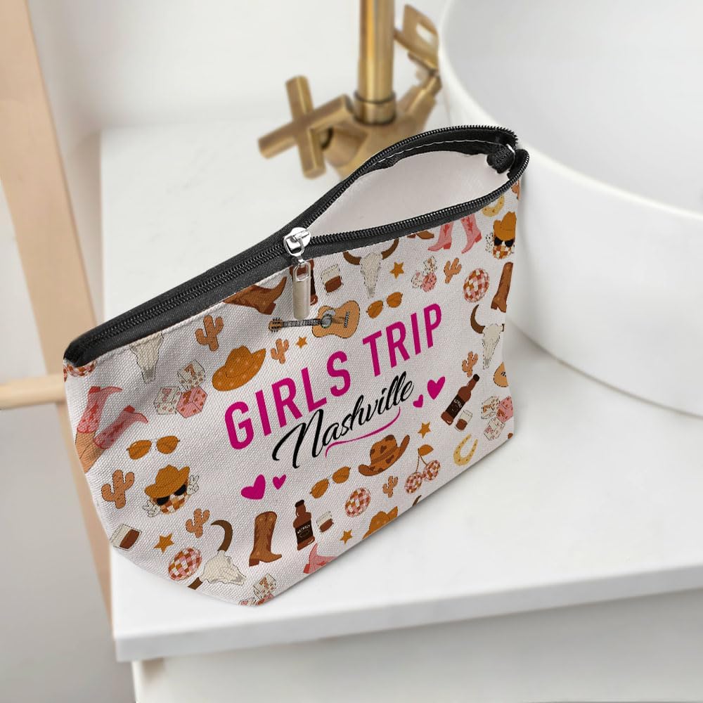 Nashville Girls Trip Makeup Bag, Nashville Souvenir Nashville Lovers Gift Nashville Travel Vacation Cosmetic Bag for Women Sister Girls Weekend Birthday Christmas Bachelorette Party Friendship Gifts