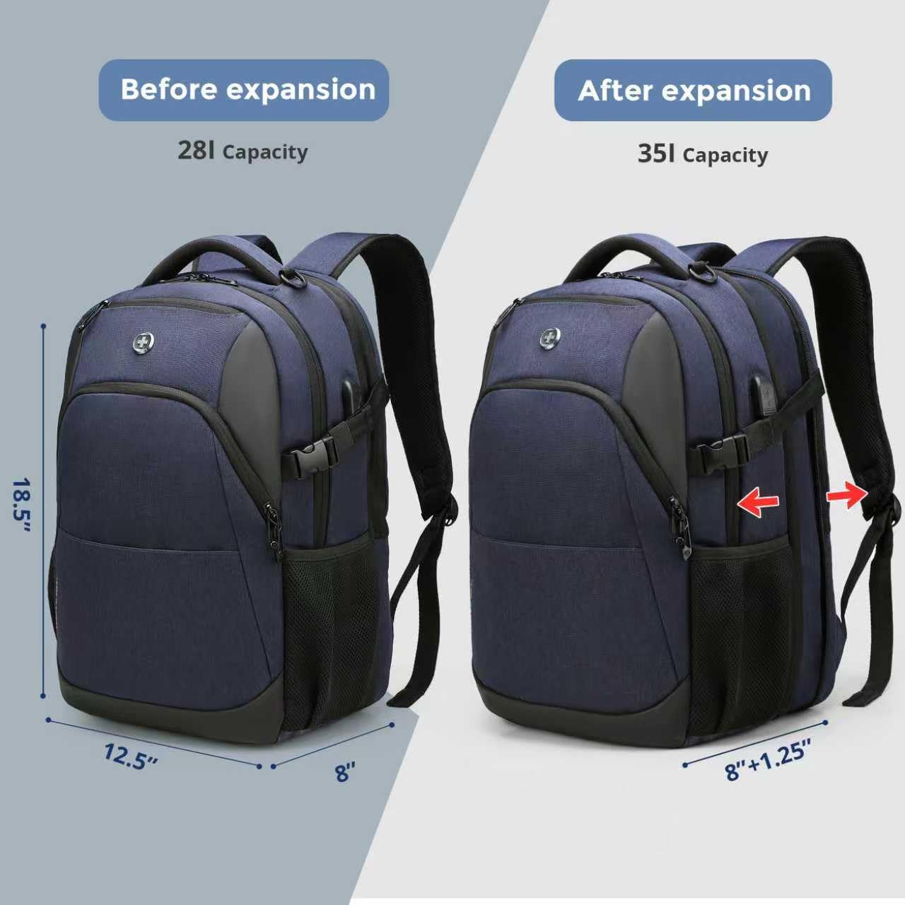 Swissdigital Design Travel Laptop Backpack for Men and Women, 35L Expandable Large Business Backpack with USB Charging Port for Fits 17 Inch Notebook, Blue | ANDWIL PRO