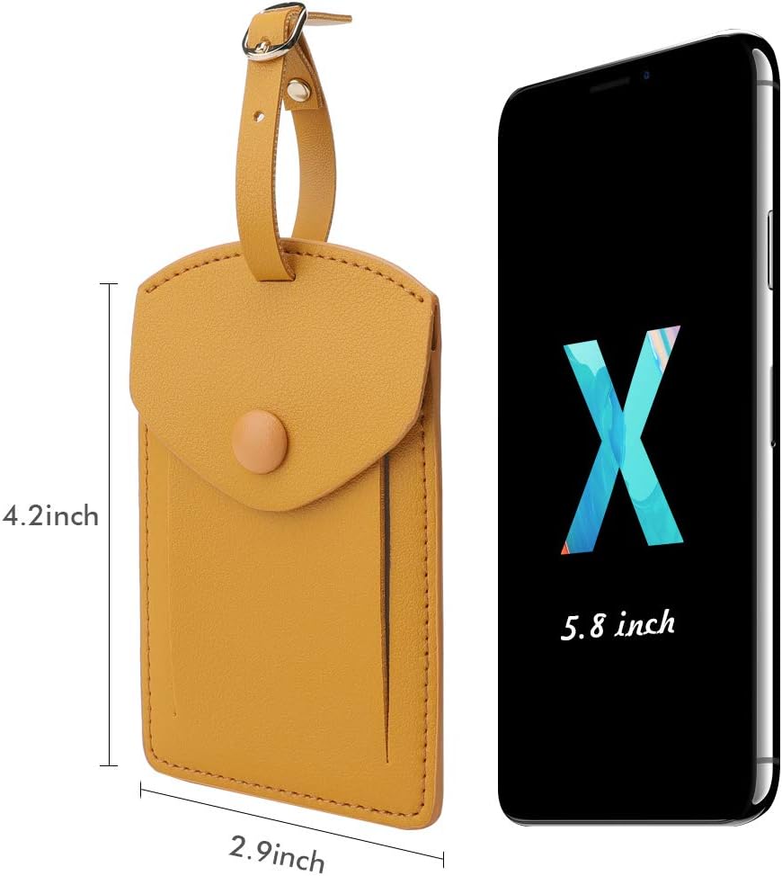 Kevancho Leather Smart Luggage Tags for Men Women, Suitcase Labels Baggage Tote Bag Tag ID Tags with Full Back Privacy Cover for Carnival Cruise Ship, Travel Accessories Tags Set of 2 PCS(Yellow)