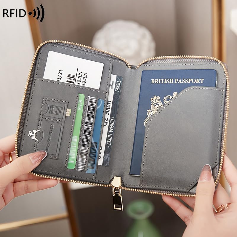 Genuine Leather Wallet Unisex Zipper Passport Holder RFID Blocking Waterproof - Vintage Travel Wallet (Grey)
